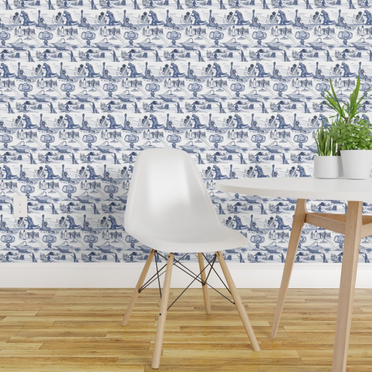 Peel & Stick Wallpaper 2FT Wide Ufo Godzilla Sci Fi Atom Bomb Zombie Blue White Custom Removable Wallpaper by Spoonflower